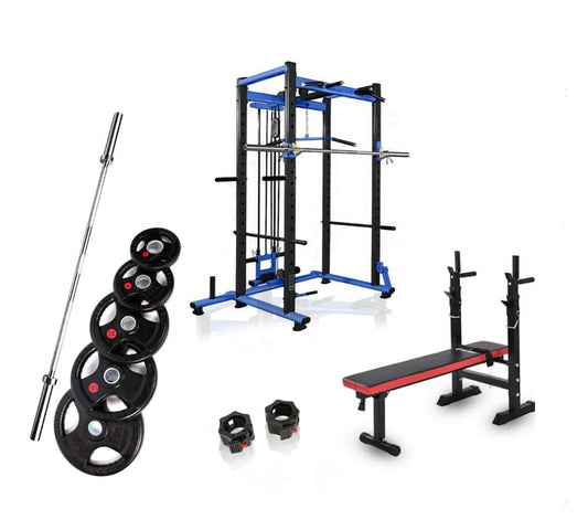 a compact setup for your home gym. set of multifunction power rack, rubber coated weight plates, 7ft bar, and flat bench. Free shipping in Ontario and Quebec