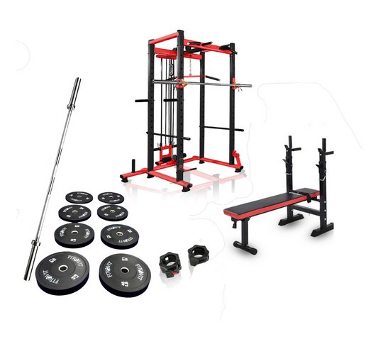 home gym setup of heavy duty power rack, bumper plates, olympic bar, and flat workout bench. Gym equipment at affordable price. Buy racks in Ontario and Quebec.