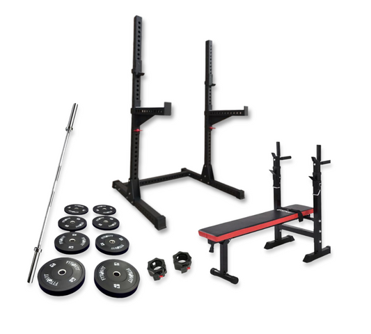 Home fitness equipment for your gym include squat stand, bumper plates, olympic bar, and workout bench.