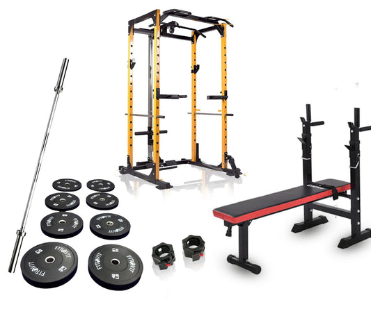 Buy home gym equipment, including power rack, bumper plates, olympic barbell, and folding bench.  Gym equipment for sale in Canada. Free shipping in Ontario and Quebec