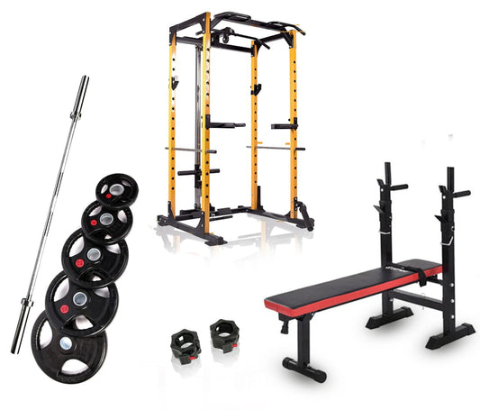 It is a home gym setup include power rack with rubber coated weight plates, Olympic bar, and multifunctional bench. It is available for sale in Ontario and Quebec Canada