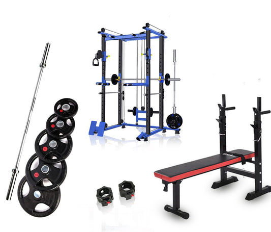 Buy smith machine with rubber coated weight plates, olympic bar, and flat workout bench for your home gym. 