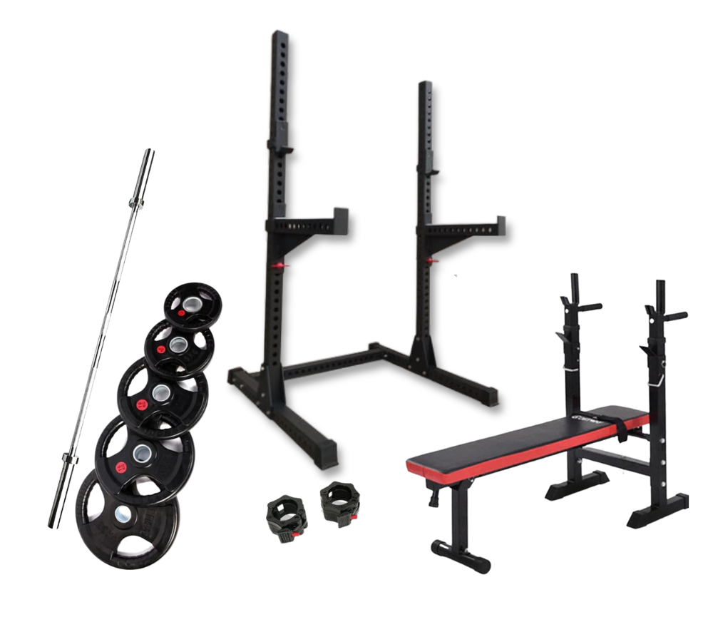 It is perfect squatting gym equipment for  small space. Set include squat rack, rubber coated weight plates, Olympic bar, and Flat workout bench.